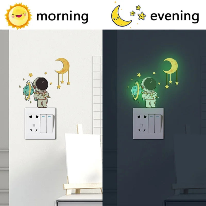 Stickers muraux astronaute lune étoiles glow noir rose vert enfants chambre