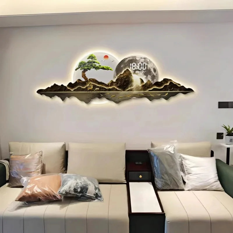 horloge murale led moderne horloges numériques cadran lumineux montagnes arbre soleil lune