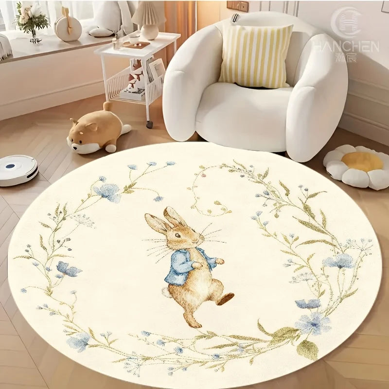 tapis fleuri lapin polyester antidérapant confortable intérieur extérieur beige bleu vert