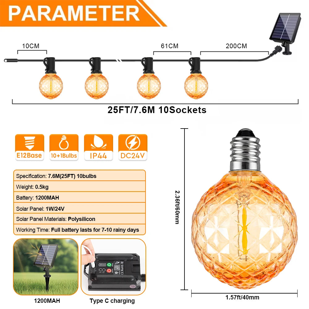 guirlande lumineuse solaire or moderne 15m 24v led ip44 étanche remote clips vintage