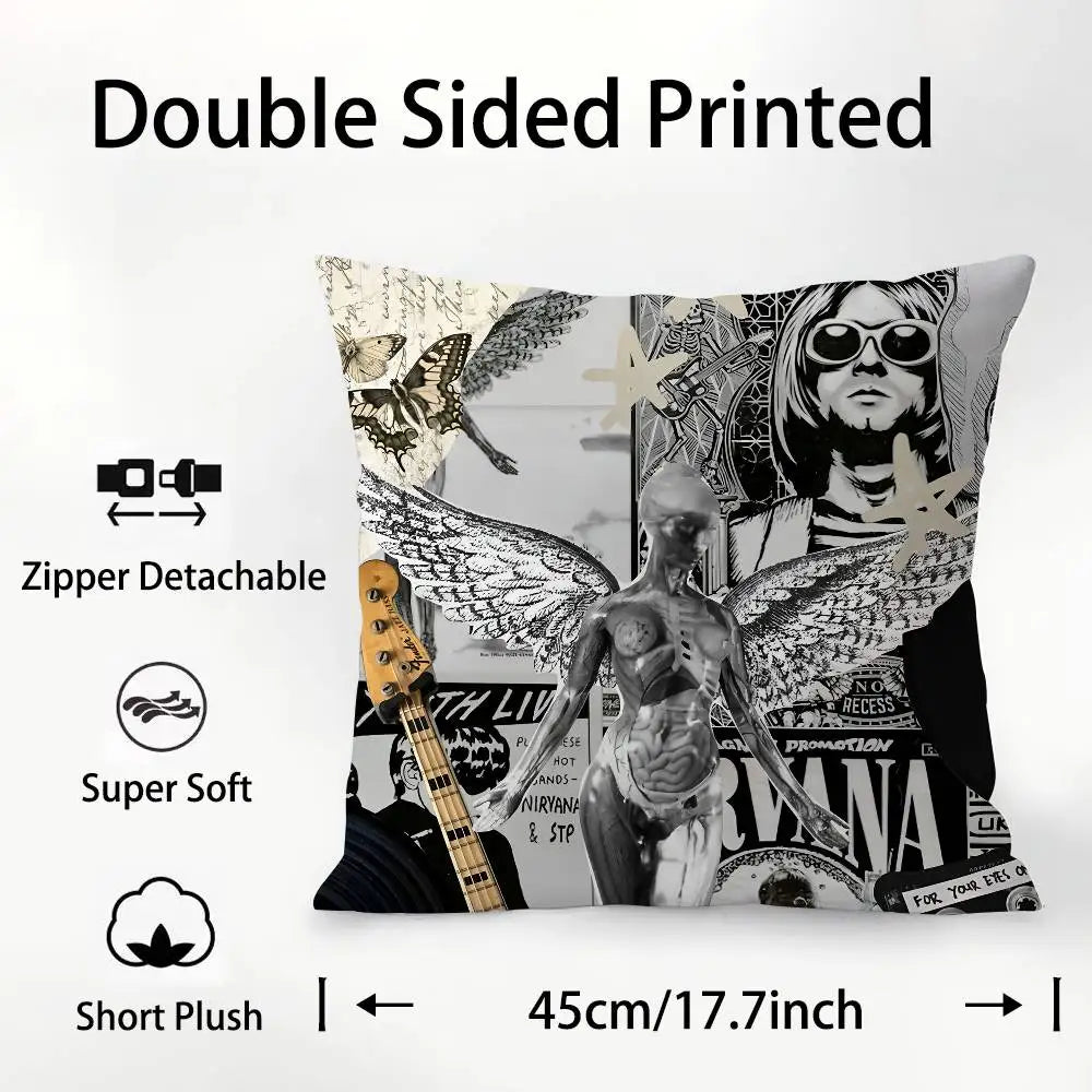 taies d'oreiller décoratives motif nirvana graphique noir blanc gris 45x45cm zip détachable