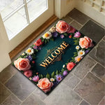 tapis d'entrée intérieur extérieur motif fleurs welcome texte doré classique décoration maison polyester