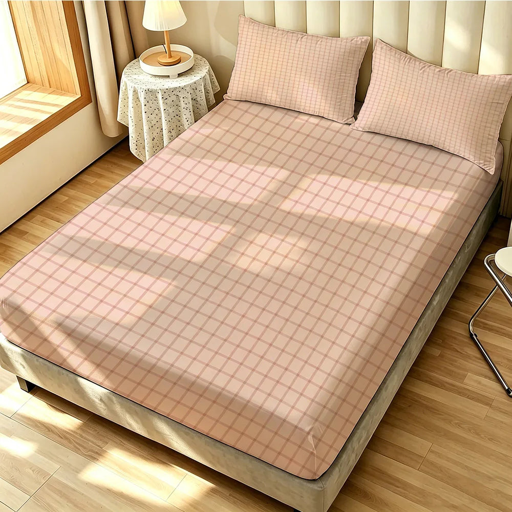 ensemble literie moderne rose poudré carreaux blanc crème fitted sheet pillowcases