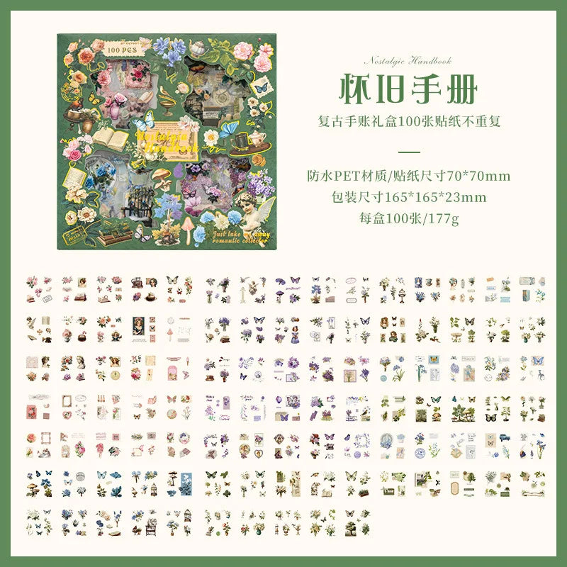 stickers vintage multicolores papier floral romantique 70x70mm ensemble scrapbooking décoration journaux