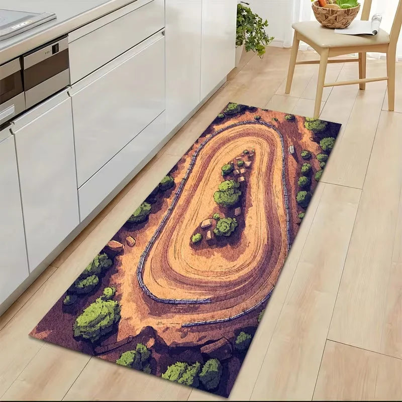 tapis moderne circuit automobile motifs paysagers doux antidérapant vert gris rouge
