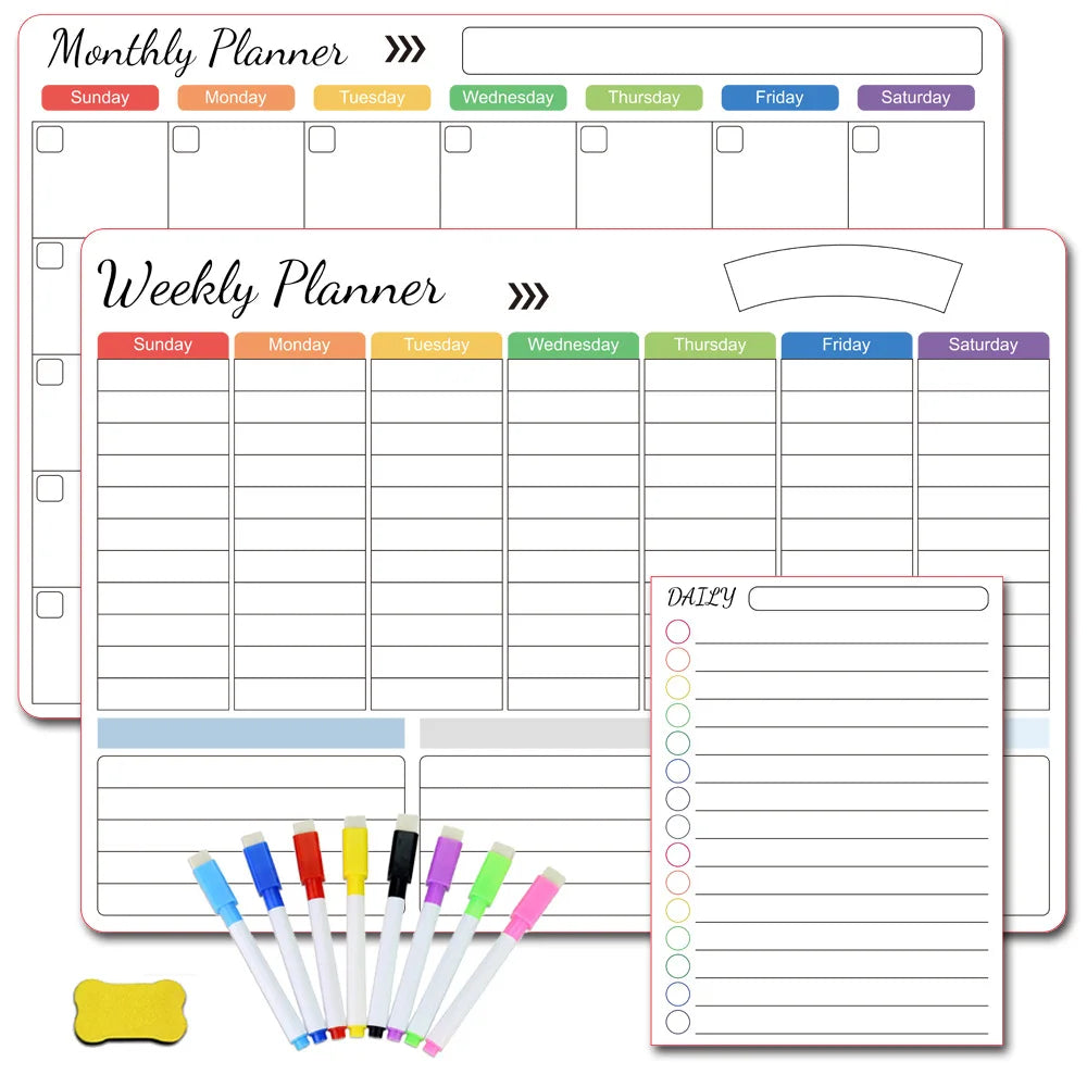 planificateur mural aimants couleurs multiples calendrier mensuel hebdomadaire stylos effaçables effaceur tableaux blancs multifonctionnels