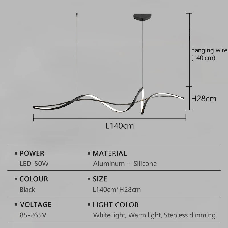 lampe suspendue moderne câble noir doré ondulé 120cm 140cm lumière froideversible