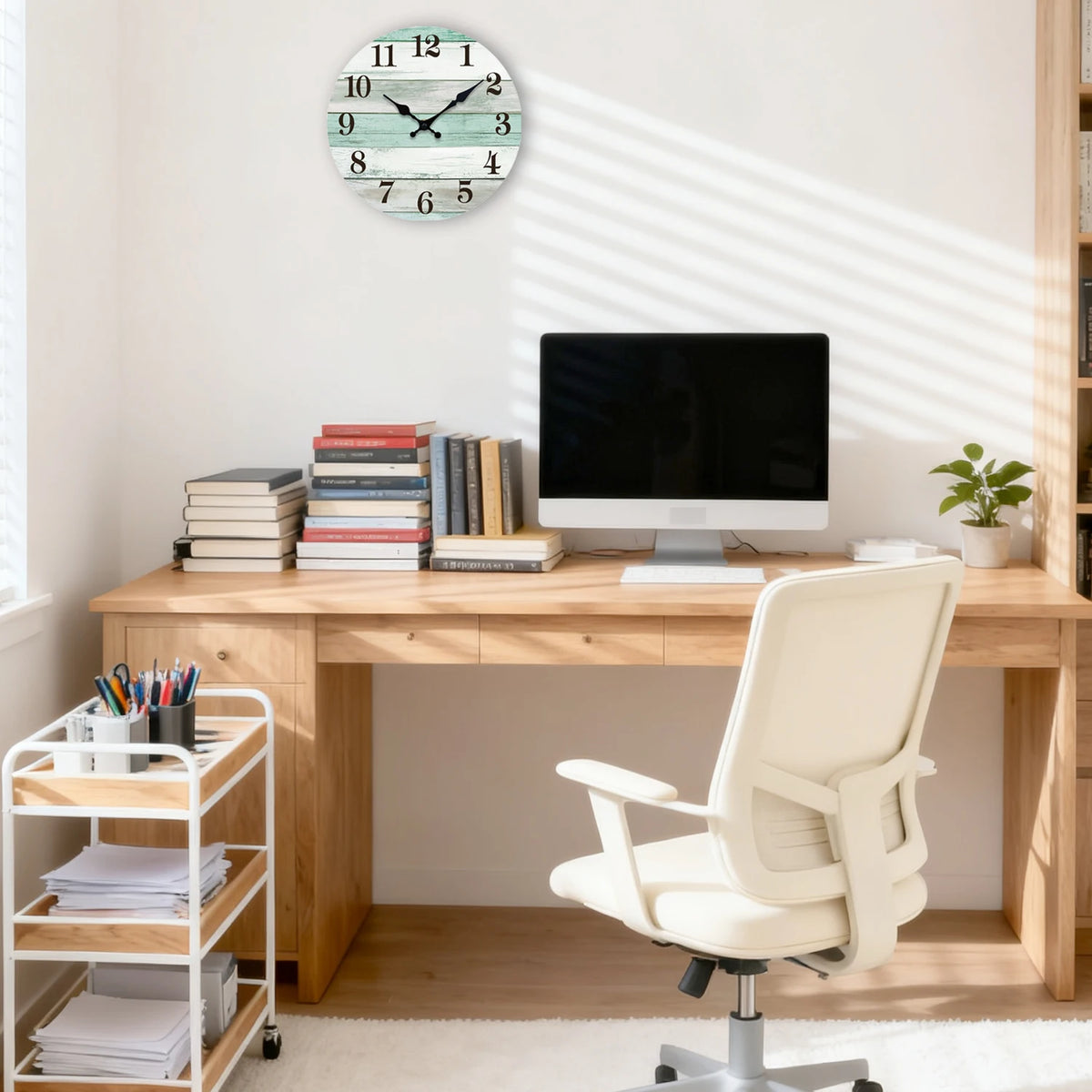 horloge murale rustique bois vert blanc adhésif salon chambre cuisine planches horizontales imitation vieilli