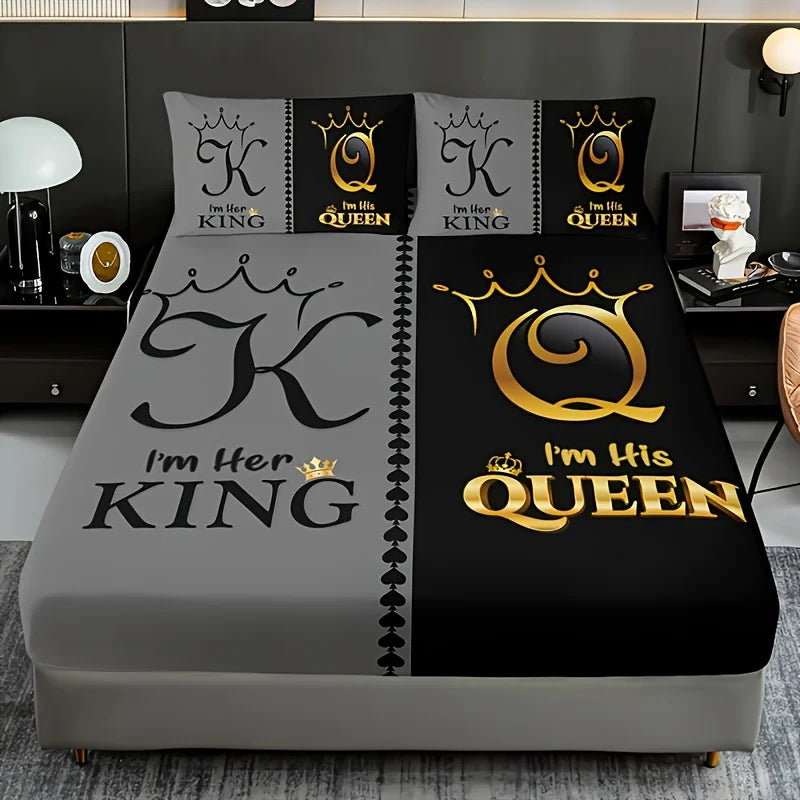 ensemble literie noir gris moderne plaid lettres couronne king queen doré lit housse polyester