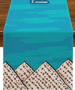 Illustration d'un paysage montagneux avec un ciel bleu et une texture ponctuée.