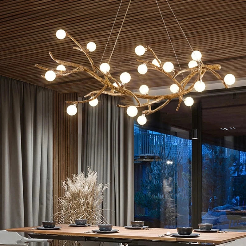 suspension lumineuse moderne branchies naturelles boules translucides marron clair blanc