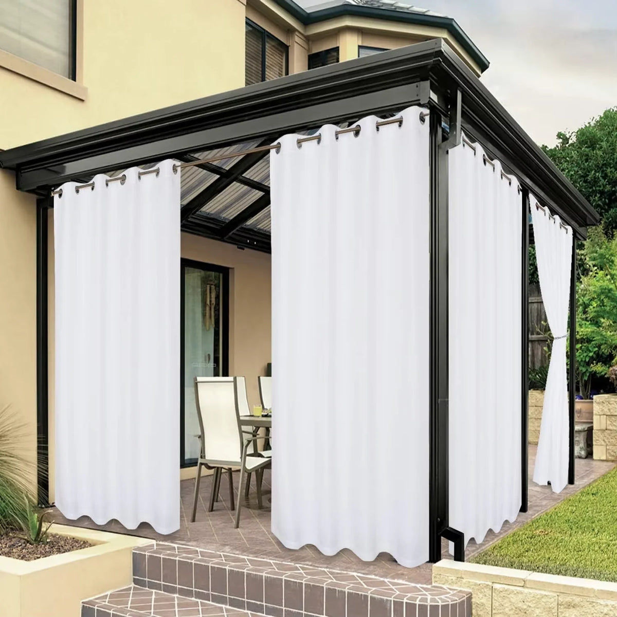 rideau extérieur water resistant beige uni moderne tringle métalliques pergola patio