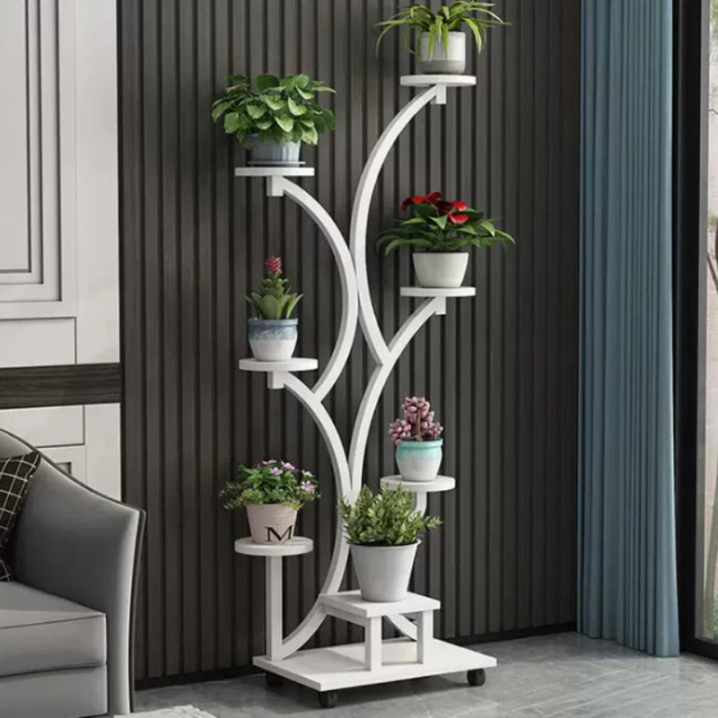 meuble plantes moderne minimaliste noir doré blanc structure arborescente plateaux simples