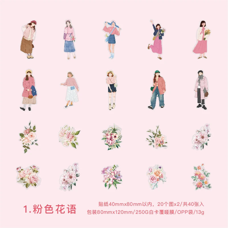 autocollants fleurs personnages vintage vert rose bleu blanc marron noir pack 40 pièces scrapbooking