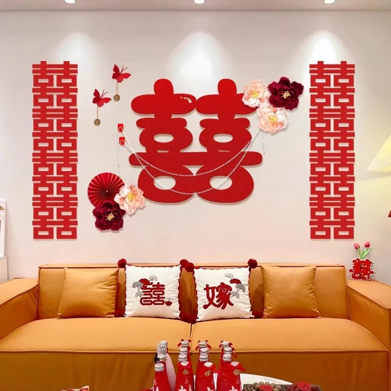 décoration murale mariage motifs chinois double bonheur fleurs artificielles cœurs happy wedding