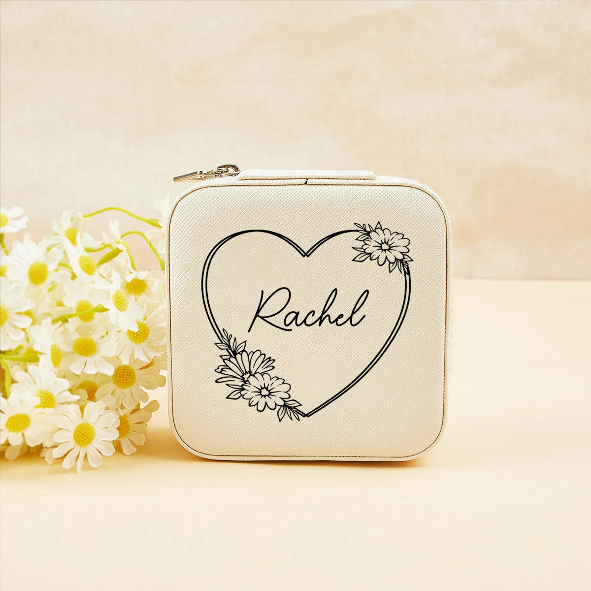boîte bijoux personnalisation fleurs blanc rose vert moderne élégant zip 10x10cm