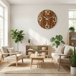 horloge murale moderne bois foncé chiffres blancs texture naturelle pouces facile lecture quartz salon