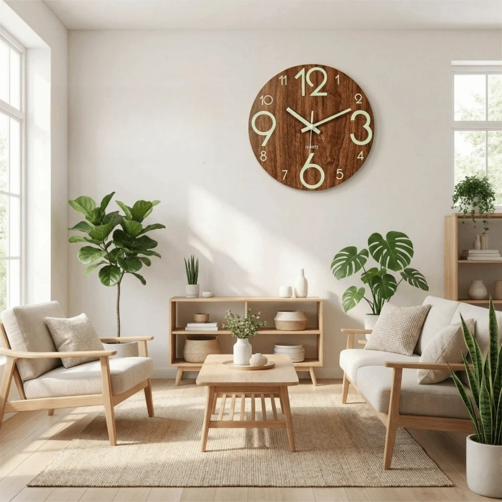 horloge murale moderne bois foncé chiffres blancs texture naturelle pouces facile lecture quartz salon