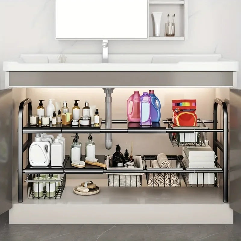 rangements extensibles sous lavabo noir blanc modernes paniers mailles métalliques minimalistes adjustable supports horizontaux