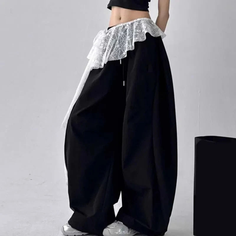 pantalon femme gris clair dentelle élastique moderne décontracté transparent y2k one size white