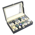 boîtes montres simili cuir noires classiques verrouillables coussinets amovibles compartiments multiples grandes vitres transparentes