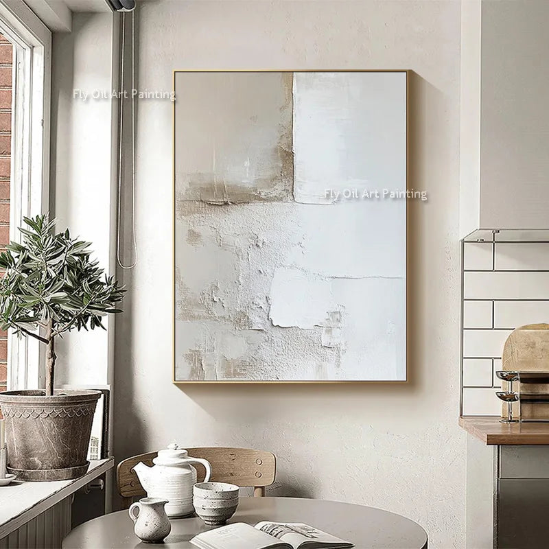 peinture l'huile abstraite contemporaine minimaliste beige blanc gris toile sans cadre