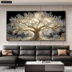 toile d'art contemporaine arbre doré lumière salon chambre vertical sans cadre