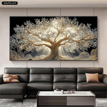 toile d'art contemporaine arbre doré lumière salon chambre vertical sans cadre