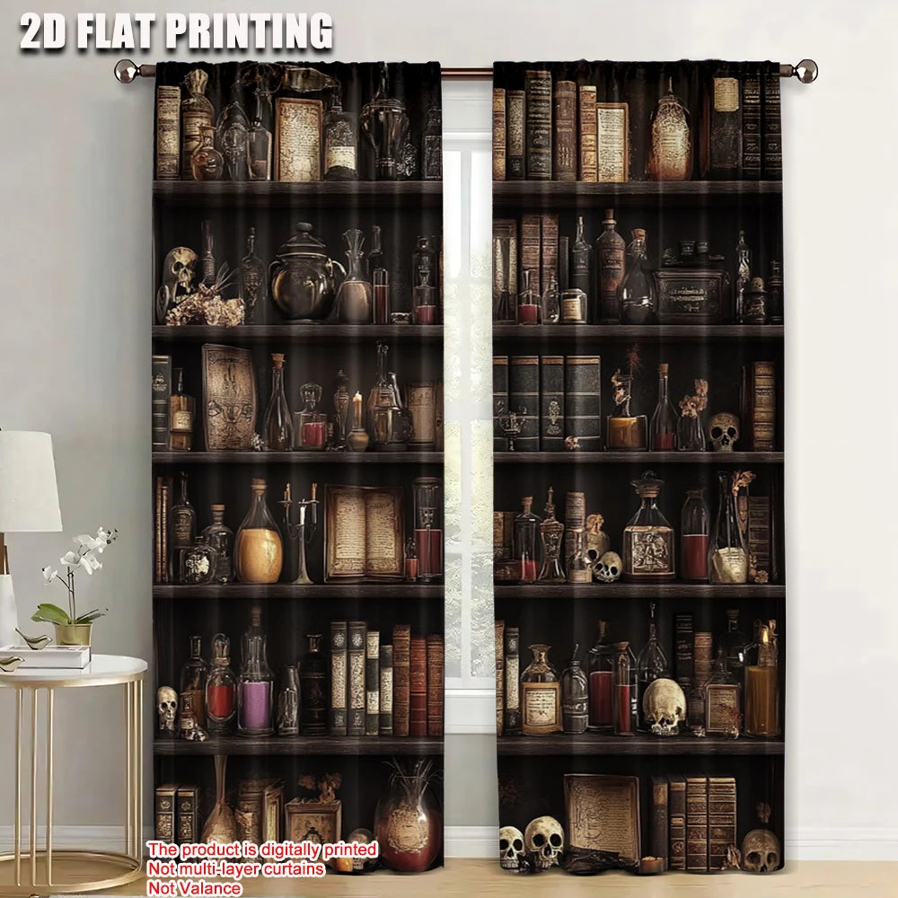 rideau vintage bibliothèque crânes bouteilles rétro noir marron beige crème gris opaques deux pièces