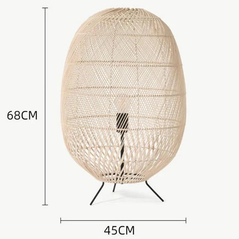 lampe sol moderne rattan tressé beige clair pieds noirs câble noir 11 15w led