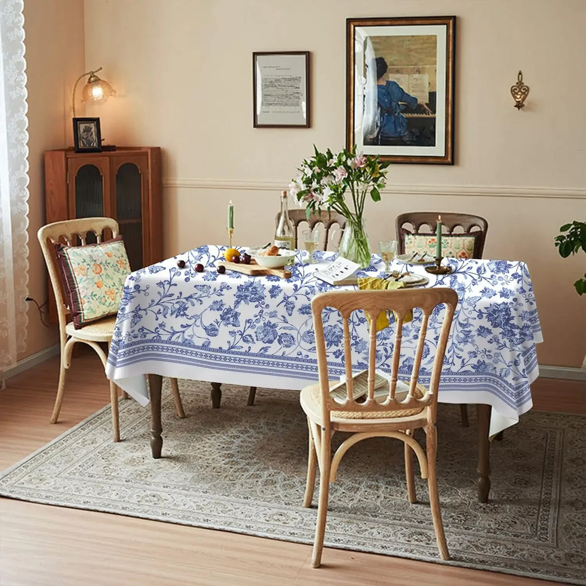 nappe fleurs bleues classique réutilisable polyester rectangle blanc table manger decoration hiver fêtes