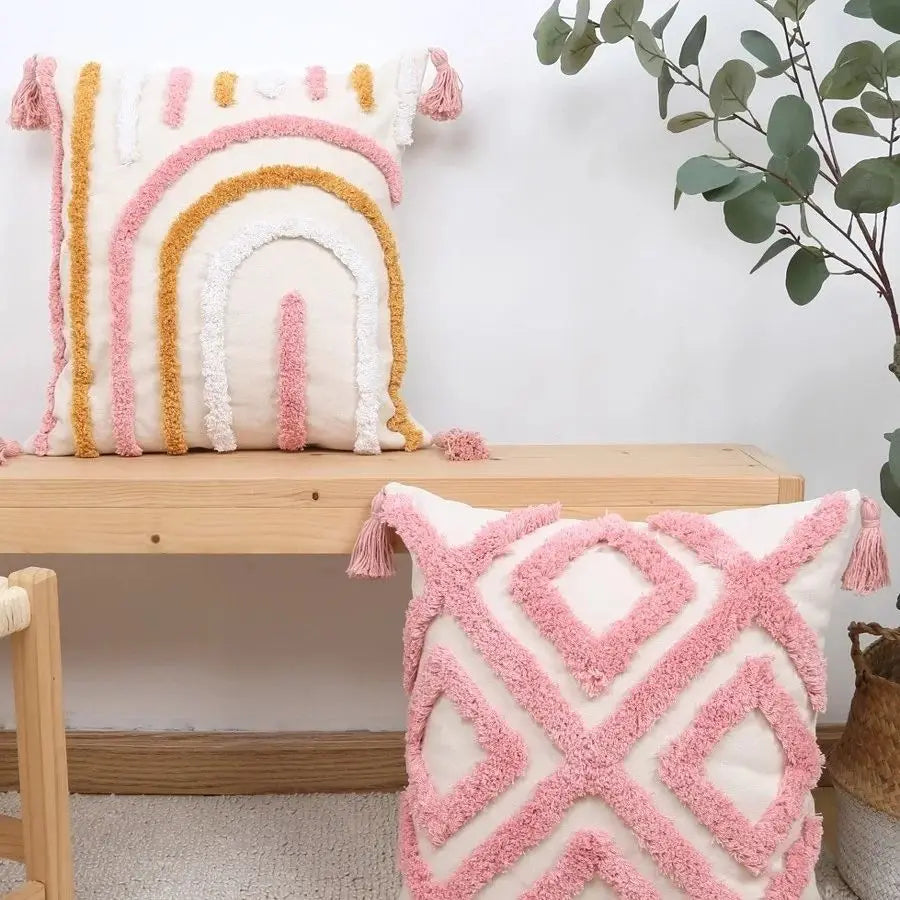 taie d'oreiller carrée brodée cœur géométrique 100% polyester blanc rose décoration maison boho chic