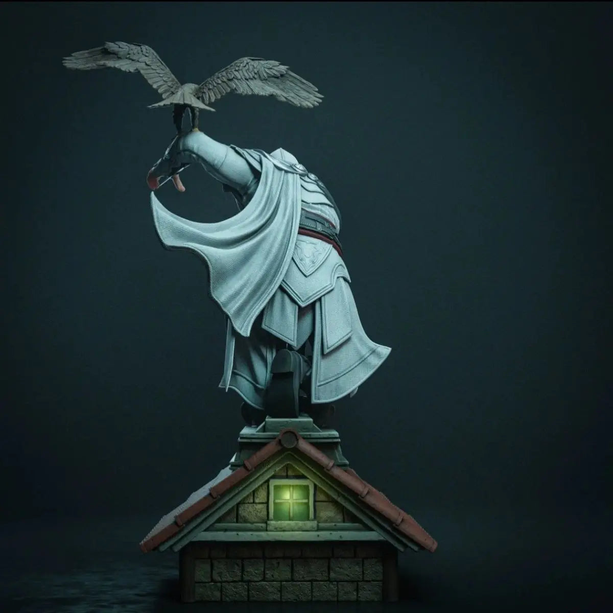 statue grise rouge verte bleue armure cape plumes fantastique médiéval oiseau structure
