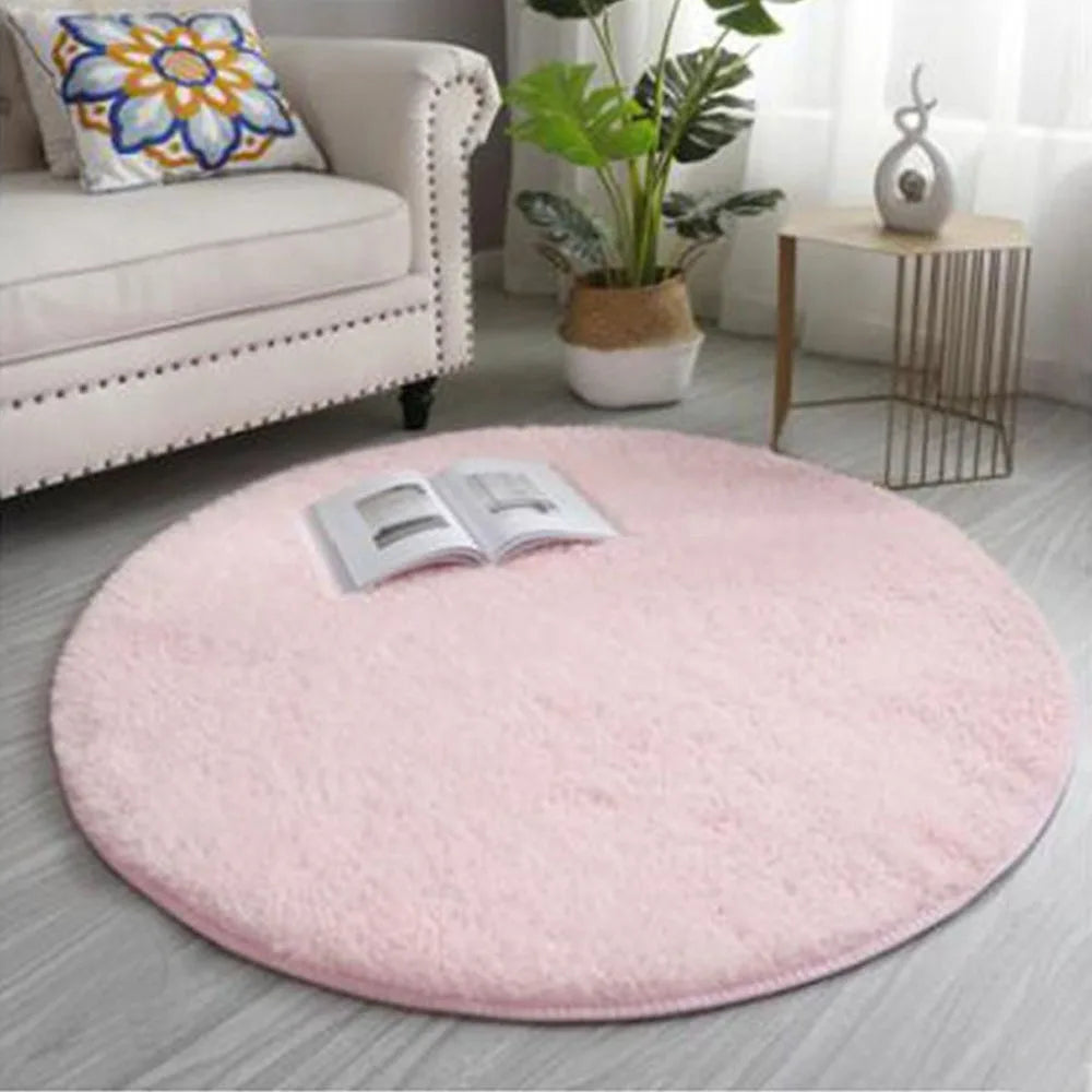 tapis rond doux fourré couleur unie moderne rose marron vert violet beige