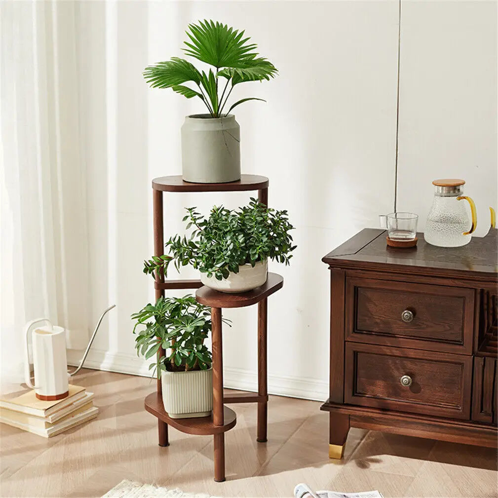 meuble plantes bambou moderne niveaux marron platines ovales extérieur organisation balcon jardin