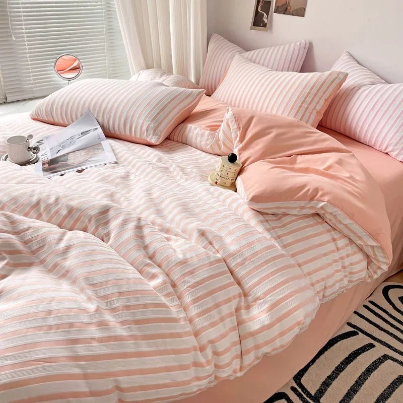 ensemble literie bleu clair rayures horizontales moderne couvre lit taies d'oreiller coton polyester frais