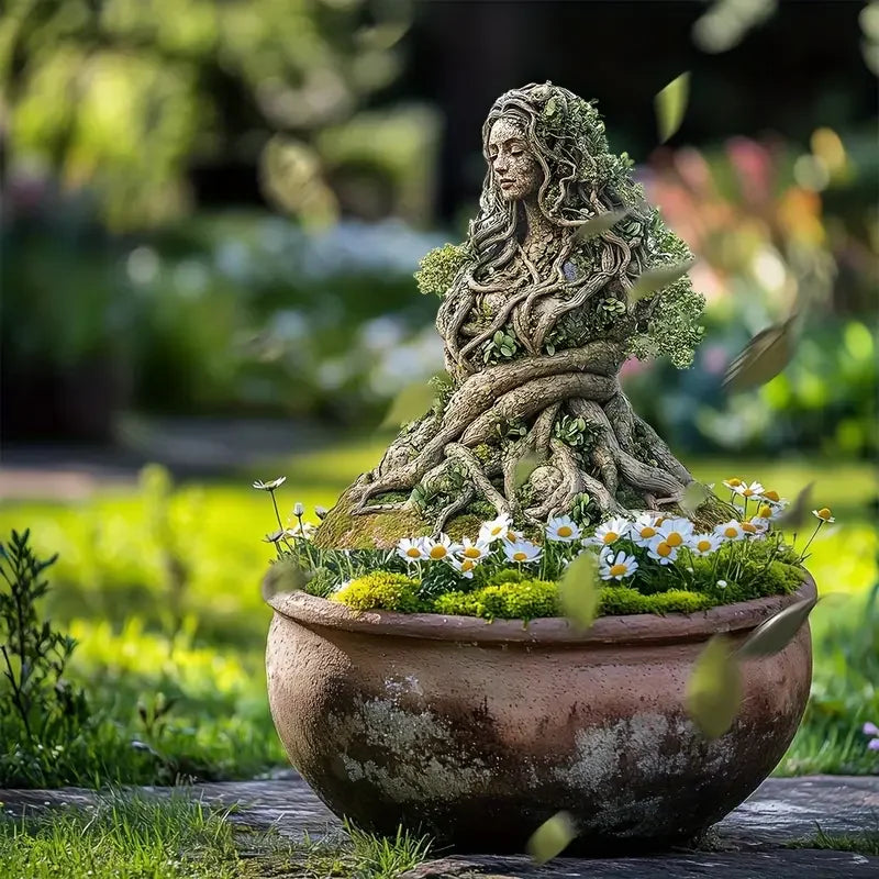 statuette déesse forêt verte marron racines feuilles mousse extérieure pot fleur naturelle 15cm opaque
