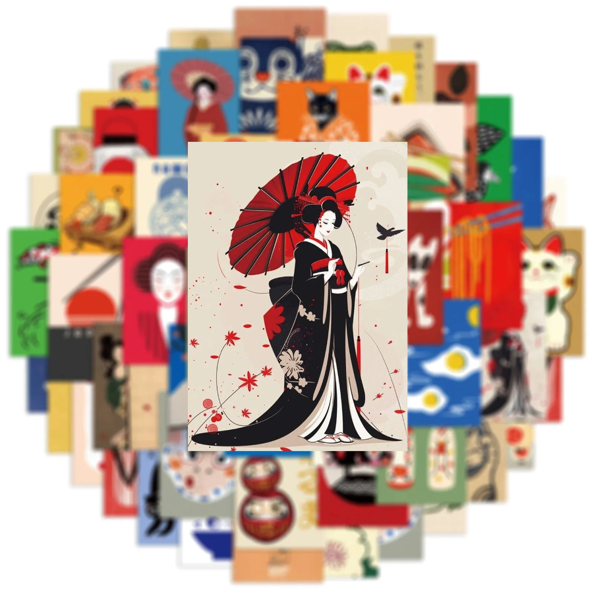stickers japonais modernes motifs geisha chats ukiyo colorés pack 50 100 pieces