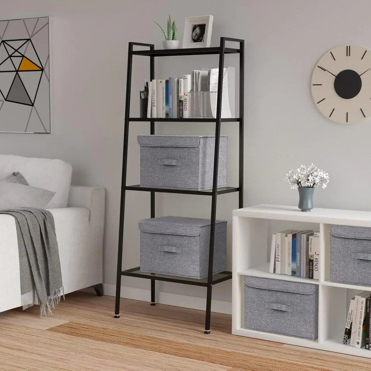 boîtes rangement pliables toile lin gris clair moderne respectueux environnement poignées