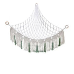 filet suspendu rose blanc maille régulière franges anneaux métalliques réutilisable créatif artisanal