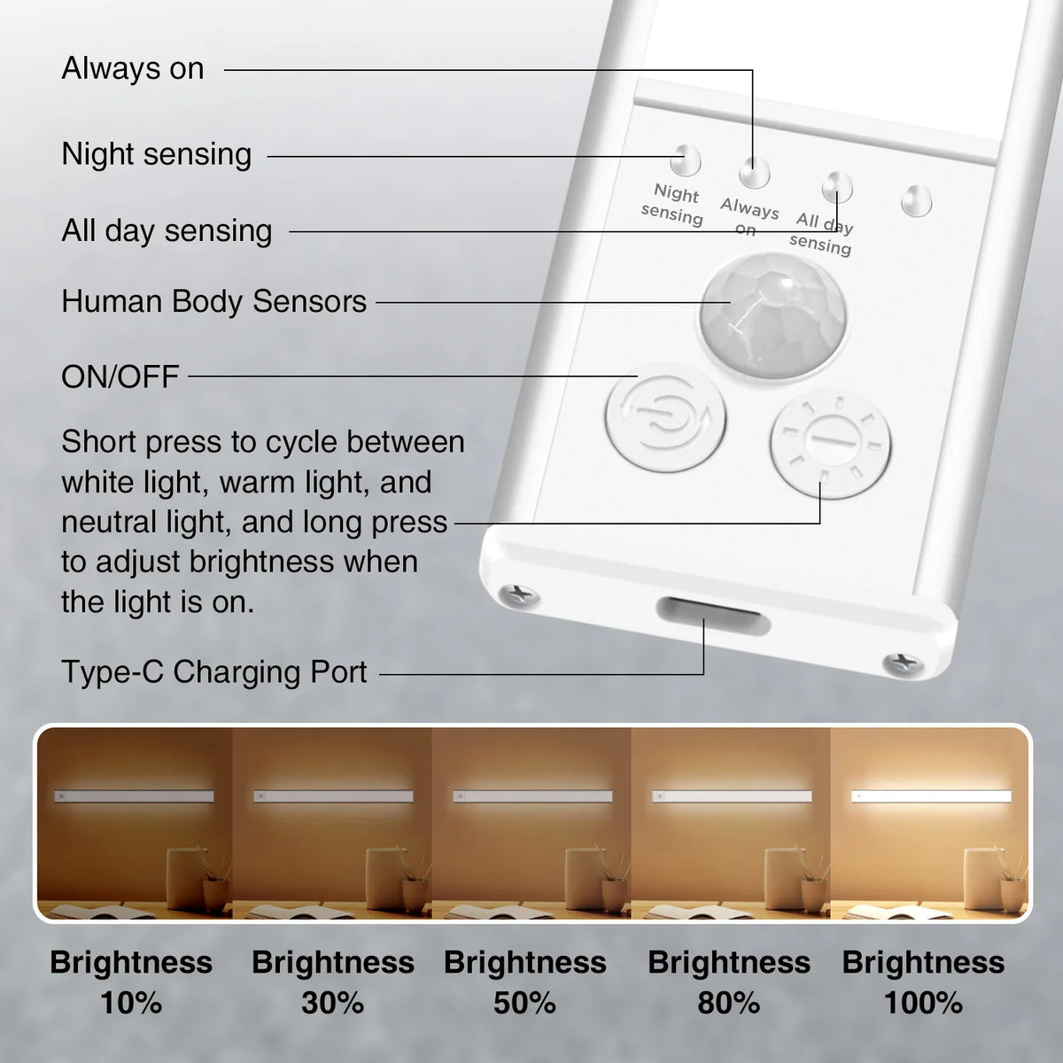 lampe led rechargeable détecteur mouvement 20cm 30cm 40cm 50cm blanc moderne adhésif interrupteur tactile