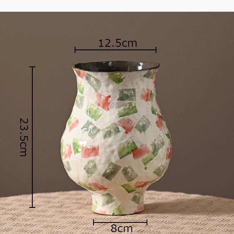 vase moderne peinture abstraite blanc bleu vert jaune artisanal fleur table decoration piece