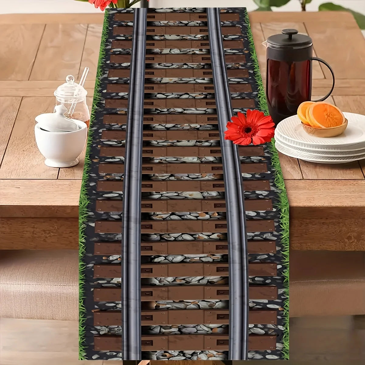 tableau chemin table voie ferrée gravier herbe moderne marron vert gris maison lin