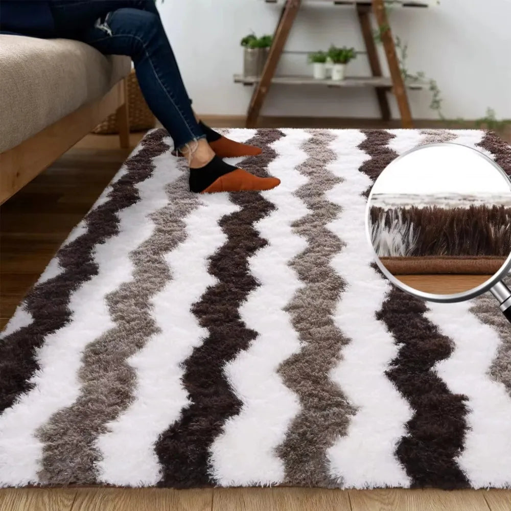 tapis moderne rayures zigzag blanc marron salon chambre doux polyester lavable repousse saleté sans