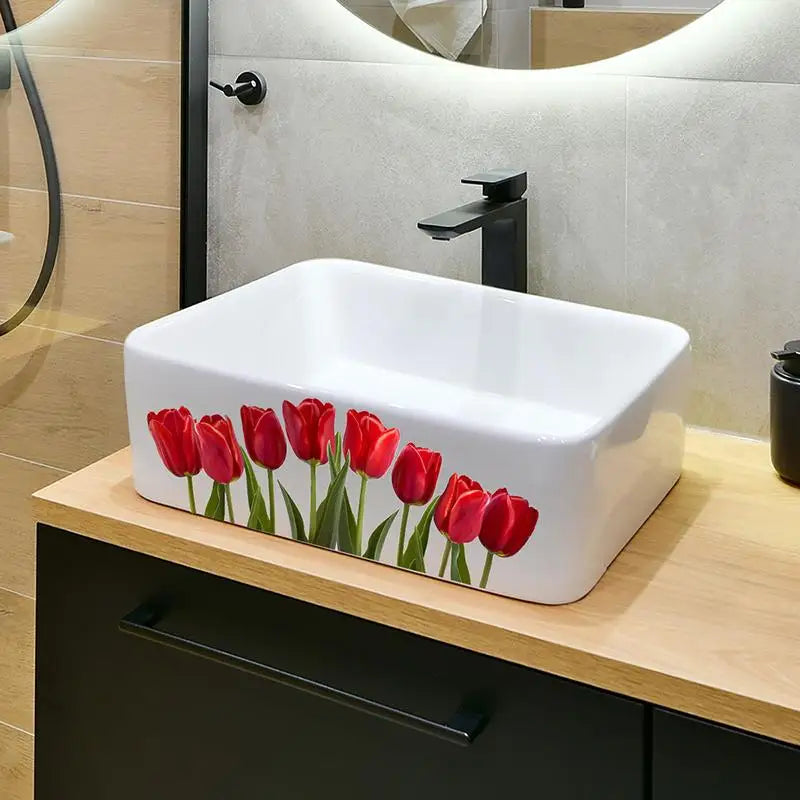 sticker mural floral adhésif décoration naturelle tulipes callas lavabo salle bain moderneversible amovible pvc