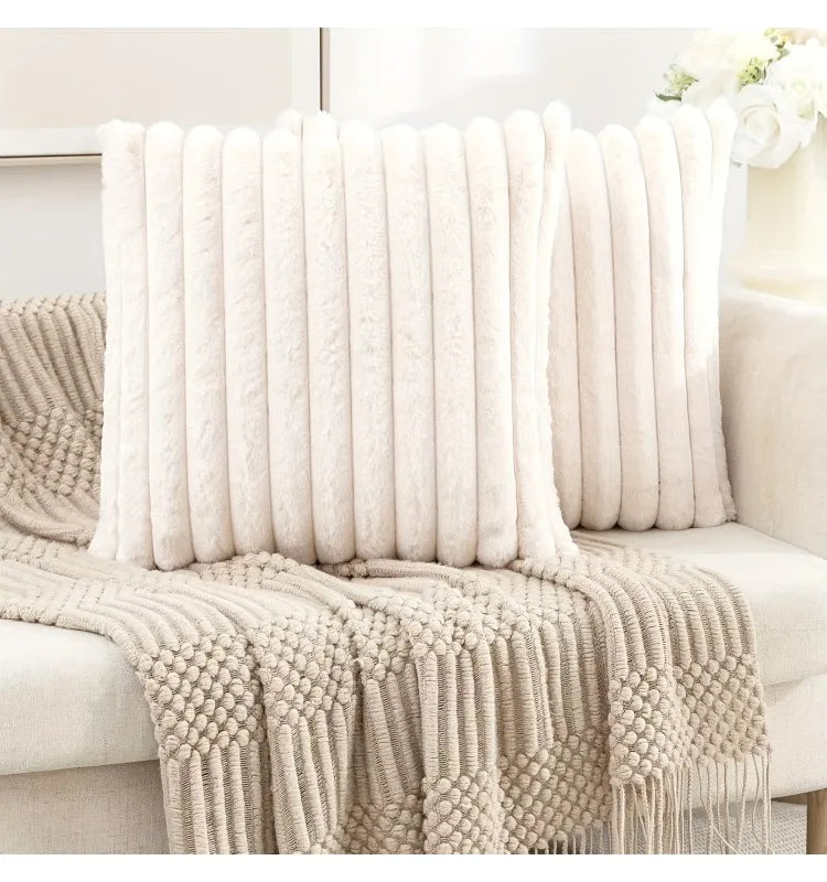 housses coussin fausse fourrure imitation cashmere rayées modernes polyester coton machine lavable fermeture zip