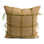 housse coussin tissée jute motif quadrillé vert rustique décor feuilles