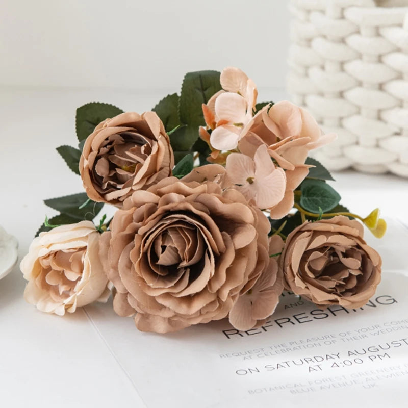 bouquet fleurs artificielles soie roses hortensias pivoines décoration mariage anniversaire intérieur moderne élégant
