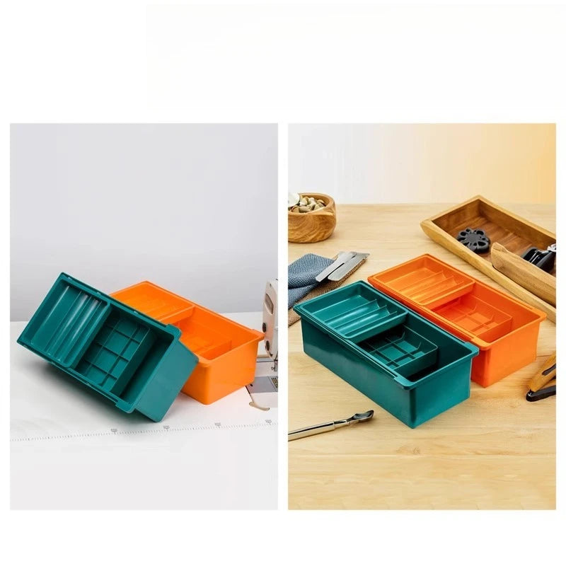 boîtes rangement machine coudre vert orange clips compartiments plastique pratique moderne utilitaires