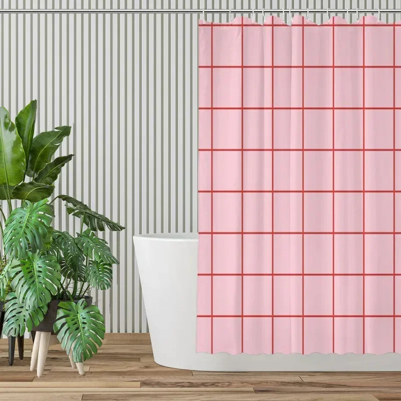 rideau douche moderne rose motif grille rouge minimaliste tissu polyester opaque